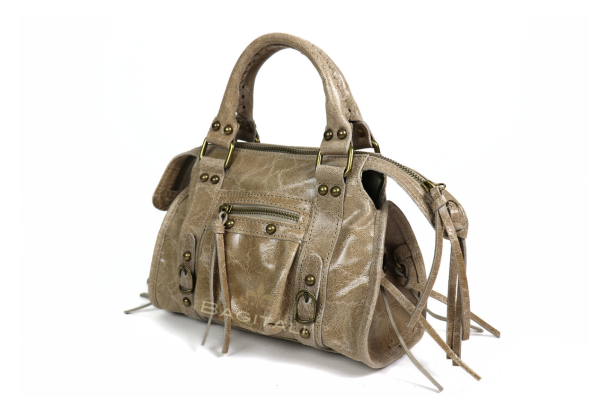 F203 Genuine Leather Handbag with Front Zip Pocket & Stud Detail