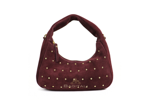F202 Soft Genuine Suede Shoulder Bag with Gold Stud Detail