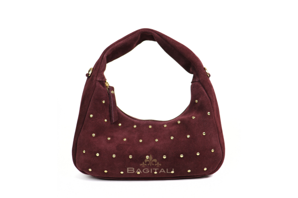 F202 Soft Genuine Suede Shoulder Bag with Gold Stud Detail