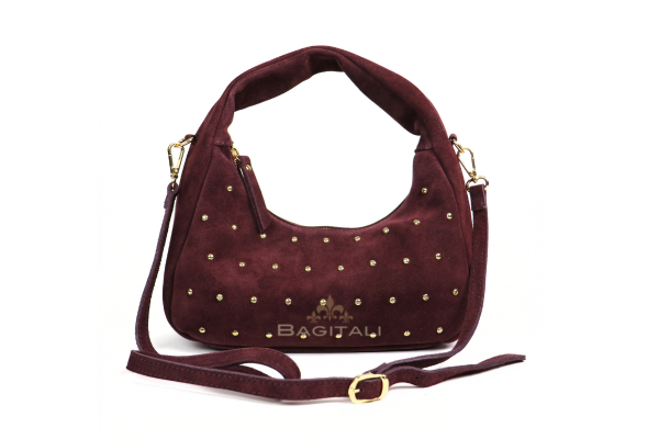 F202 Soft Genuine Suede Shoulder Bag with Gold Stud Detail