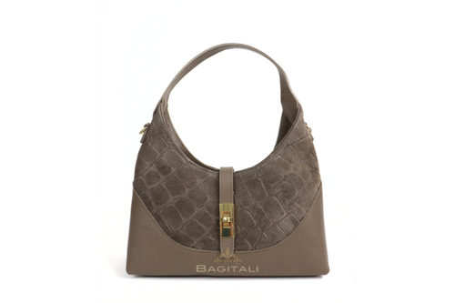 F399 Genuine Suede & Leather Shoulder Bag with Croc Embossed Detail