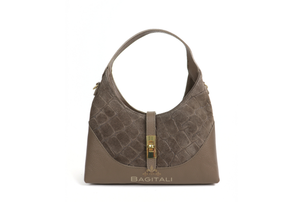 F399 Genuine Suede & Leather Shoulder Bag with Croc Embossed Detail