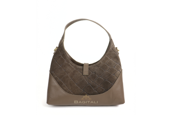 F399 Genuine Suede & Leather Shoulder Bag with Croc Embossed Detail