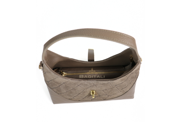 F399 Genuine Suede & Leather Shoulder Bag with Croc Embossed Detail