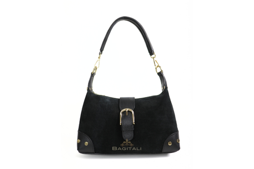 V401 Genuine Suede & Leather Shoulder Bag with Buckle Detail