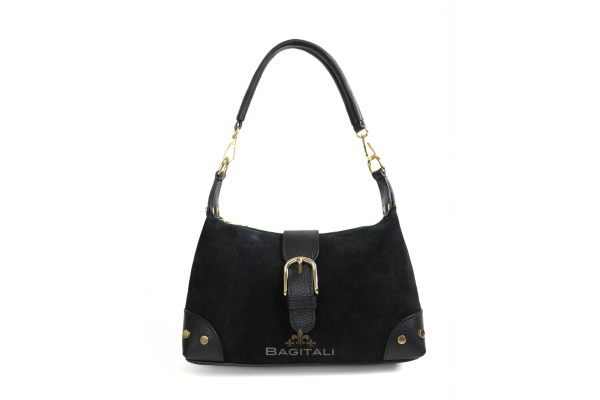 V401 Genuine Suede & Leather Shoulder Bag with Buckle Detail