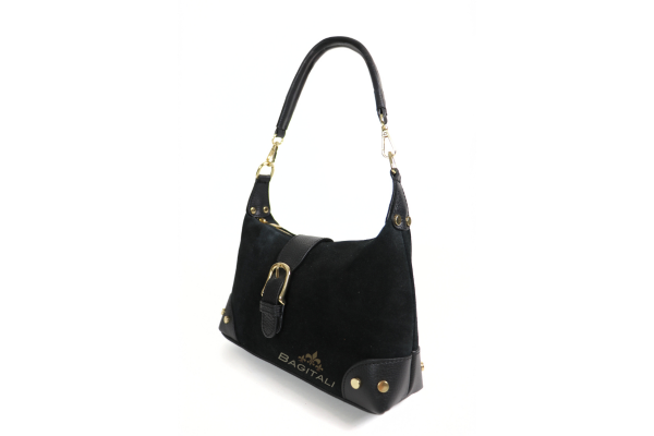 V401 Genuine Suede & Leather Shoulder Bag with Buckle Detail