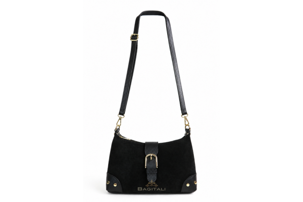 V401 Genuine Suede & Leather Shoulder Bag with Buckle Detail