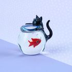 Artisan Glass Black Cat With Fish Bowl