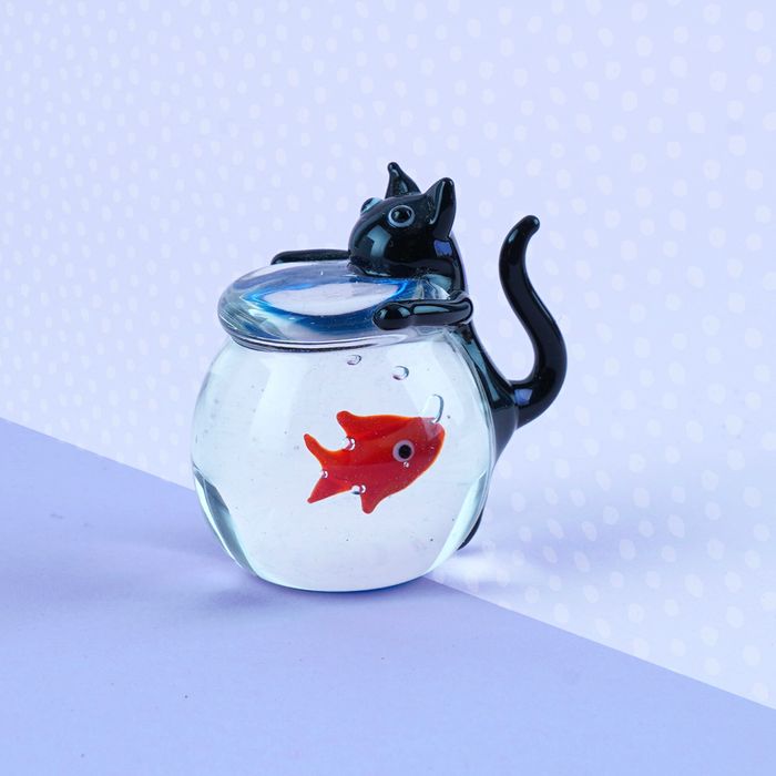 Artisan Glass Black Cat With Fish Bowl