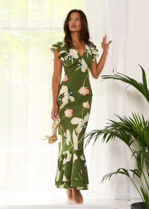 Green Floral Ruffle Maxi Dress