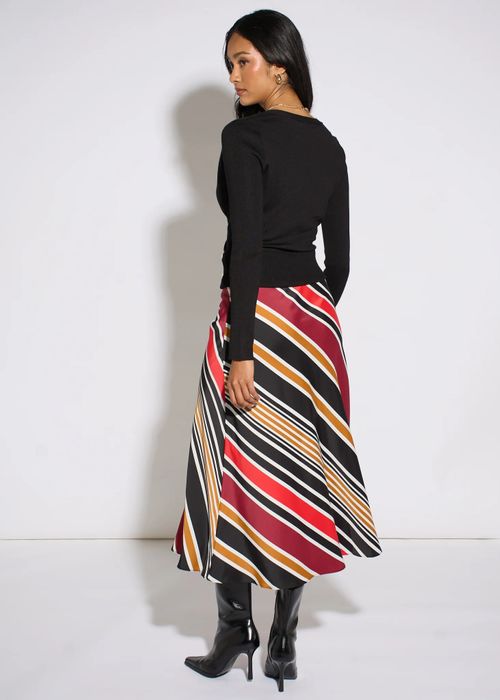 Black Stripe Satin Biased Midi Skirt