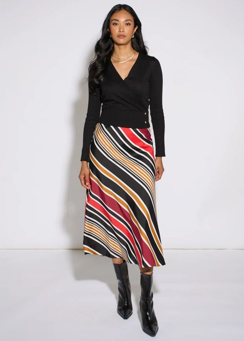 Black Stripe Satin Biased Midi Skirt