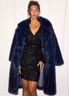 Blue fur coat with sequin wrap detail dress