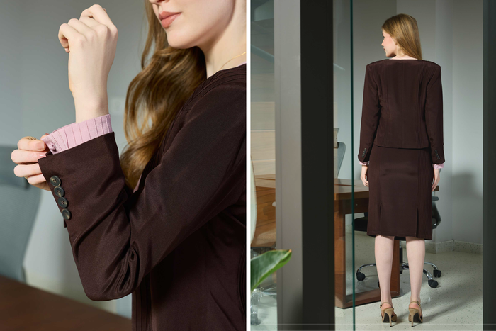 Silk Peplum Blouse, Pintuck-Panelled Skirt & Jacket Set