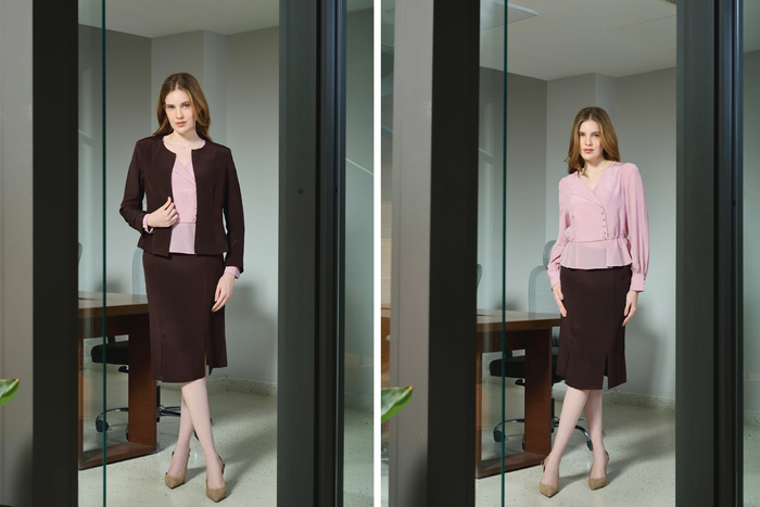 Silk Peplum Blouse, Pintuck-Panelled Skirt & Jacket Set