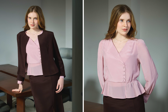 Silk Peplum Blouse, Pintuck-Panelled Skirt & Jacket Set