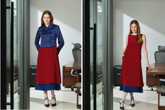 Silk Boat Neck Dress & Double-Breasted Textured Silk Jacket Set