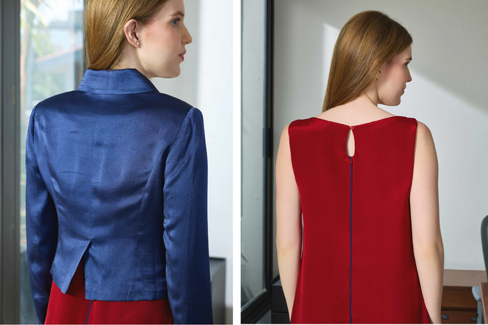 Silk Boat Neck Dress & Double-Breasted Textured Silk Jacket Set