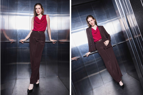 Silk Cowl Neck Top, Pintuck Trousers & Shawl-Collar Jacket Set