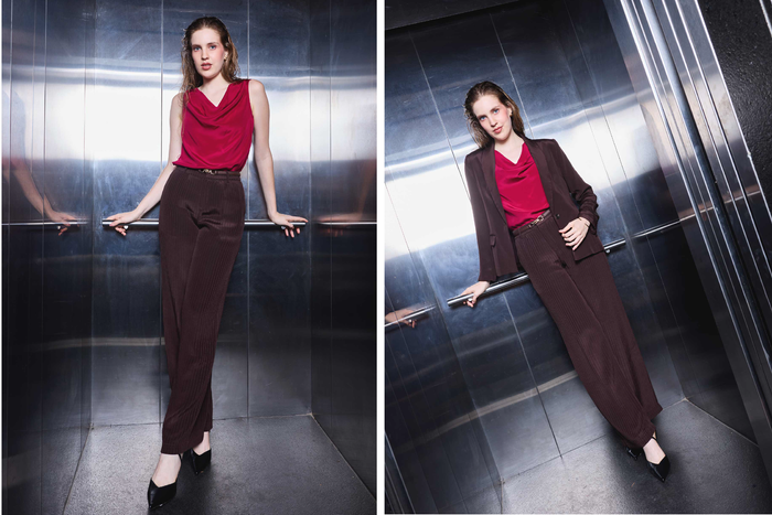 Silk Cowl Neck Top, Pintuck Trousers & Shawl-Collar Jacket Set