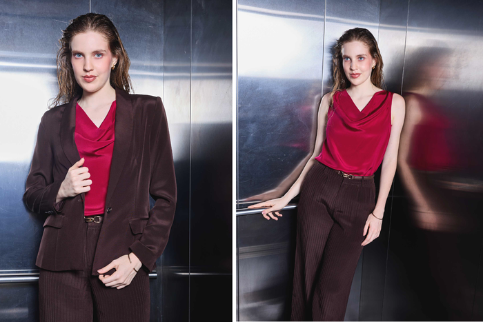 Silk Cowl Neck Top, Pintuck Trousers & Shawl-Collar Jacket Set