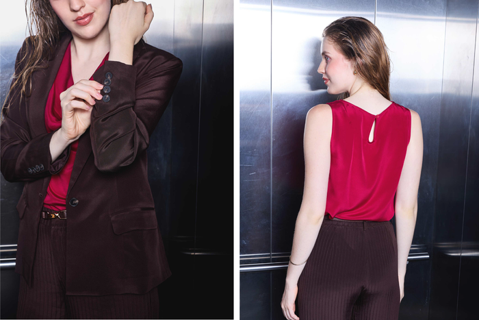 Silk Cowl Neck Top, Pintuck Trousers & Shawl-Collar Jacket Set