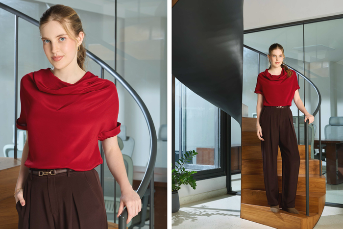 Silk Cowl Neck Top & Barrel-Leg Trousers Set