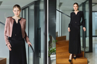 Silk Pintuck Peplum Top, Pintuck-Panelled Skirt & Cropped Jacket Set