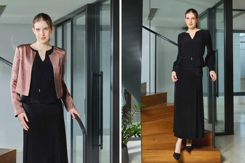 Silk Pintuck Peplum Top, Pintuck-Panelled Skirt & Cropped Jacket Set