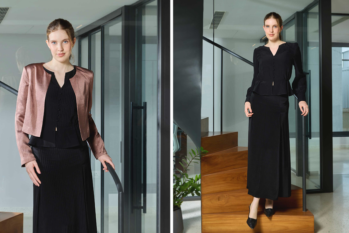Silk Pintuck Peplum Top, Pintuck-Panelled Skirt & Cropped Jacket Set