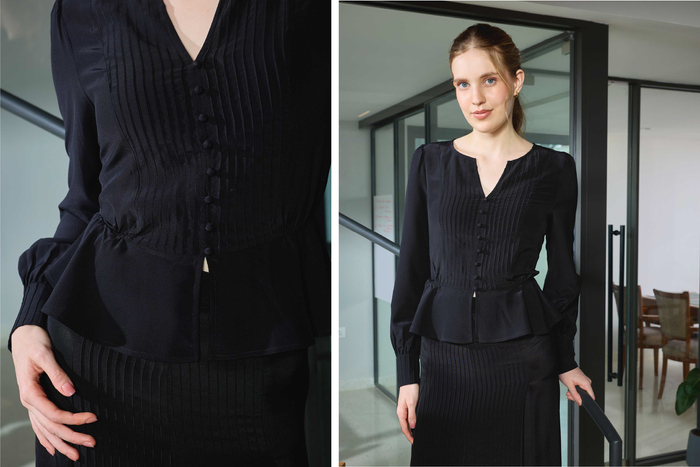 Silk Pintuck Peplum Top, Pintuck-Panelled Skirt & Cropped Jacket Set