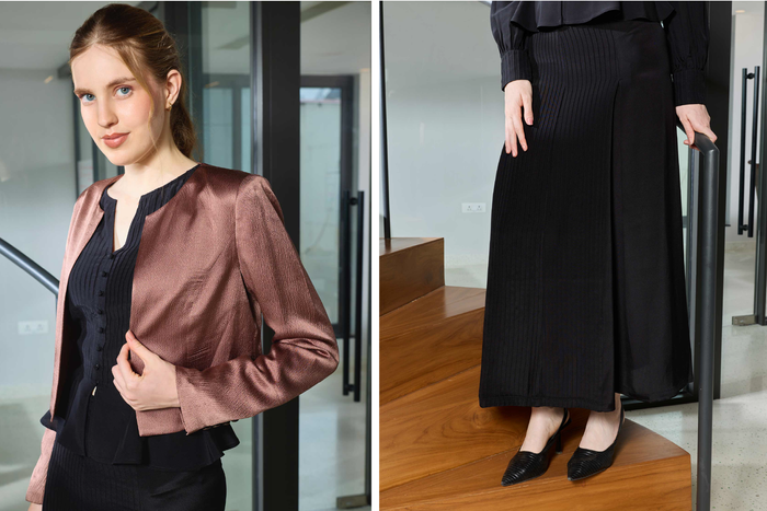 Silk Pintuck Peplum Top, Pintuck-Panelled Skirt & Cropped Jacket Set