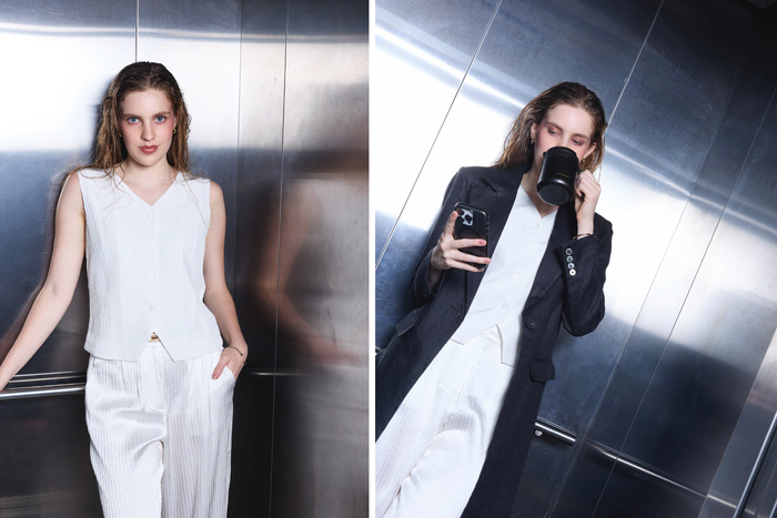 Silk Pintuck Vest, Straight Trousers & Linen Coat Set