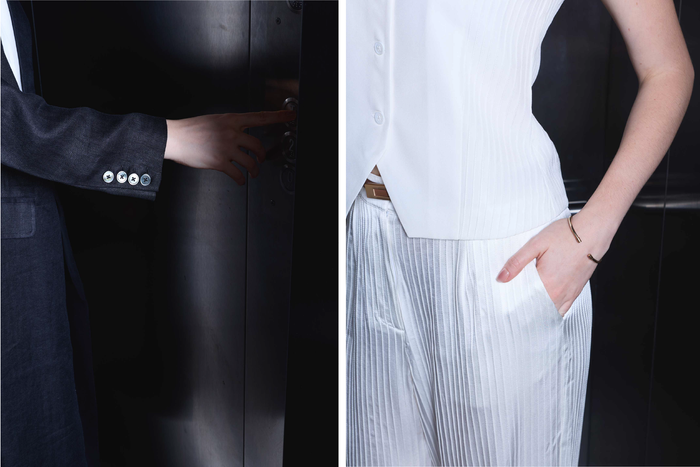 Silk Pintuck Vest, Straight Trousers & Linen Coat Set