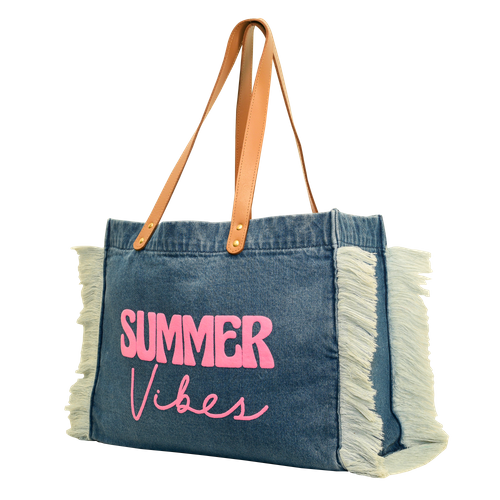 Denim Fringe Beach Bag with Summer Vibes Print