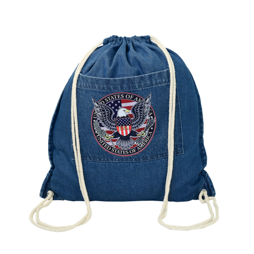 Denim Drawstring Backpack with USA Eagle Graphic Print