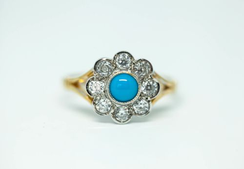 Edwardian style Turquoise and Diamond Cluster ring