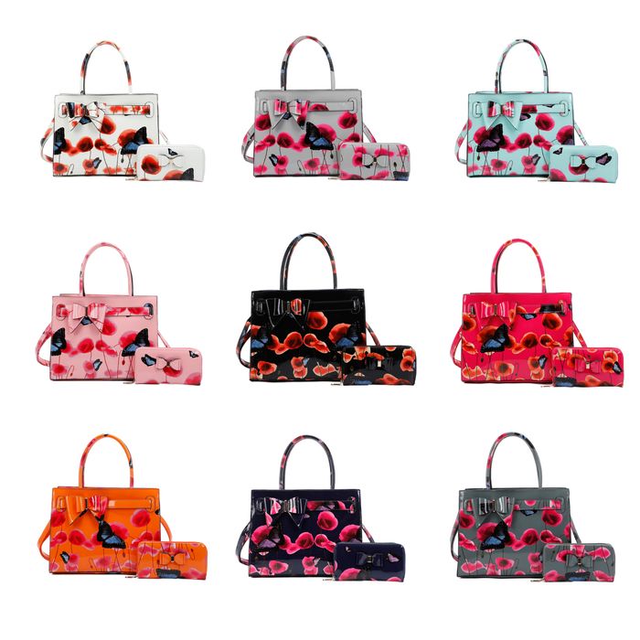 RJ211101 Poppy Flower & Butterfly Pattern Hand Bag and Purse Set