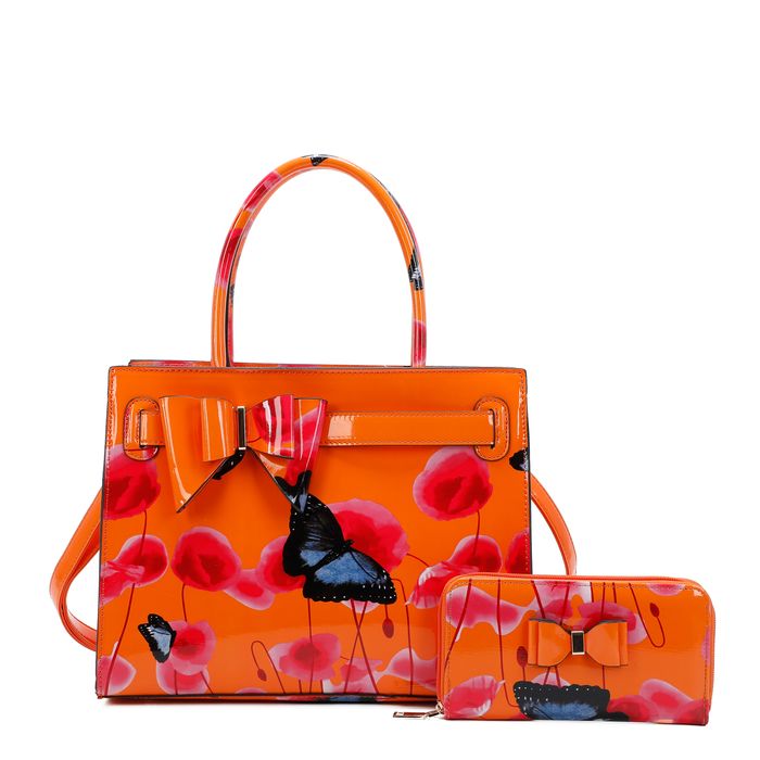 RJ211101 Poppy Flower & Butterfly Pattern Hand Bag and Purse Set