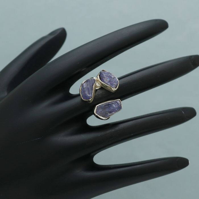 Triple Rough Tanzanite gemstone ring in 925 Sterling Silver