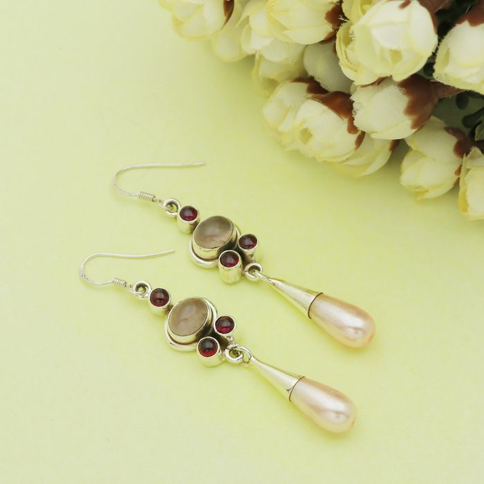 Natural Rose Quartz, Garnet and Pearl Earring in Sterling Silver