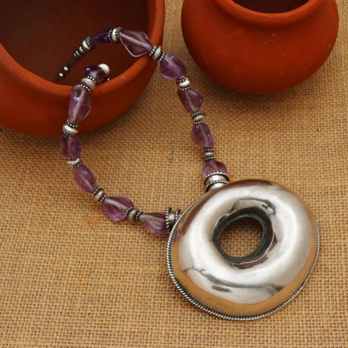 Natural Amethyst Beaded Tribal Necklace in 925 Sterling Silver