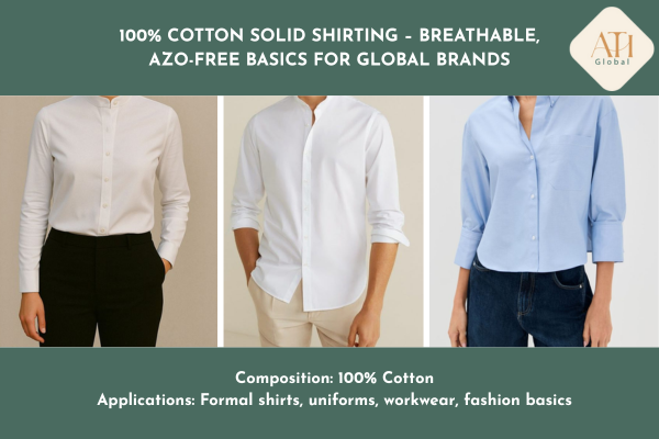 100% Cotton Solid Shirting – Breathable, AZO-Free Basics for Global Brands
