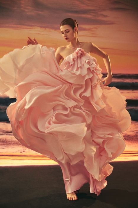 Jessie Q 2026: Blush Ruffled Halter Gown