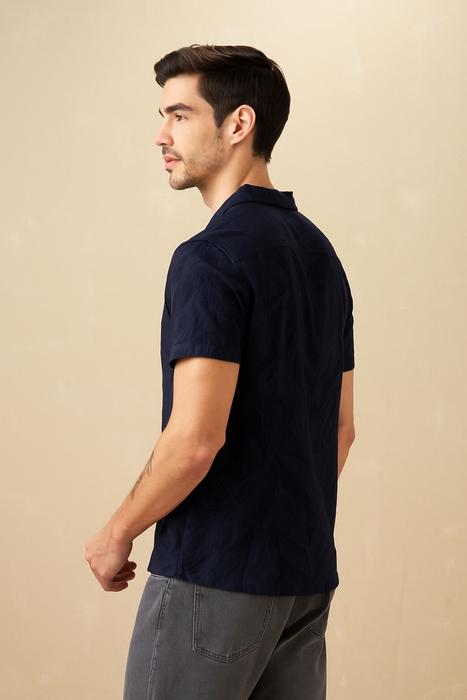 Men’s Textured Navy Cuban Collar Shirt