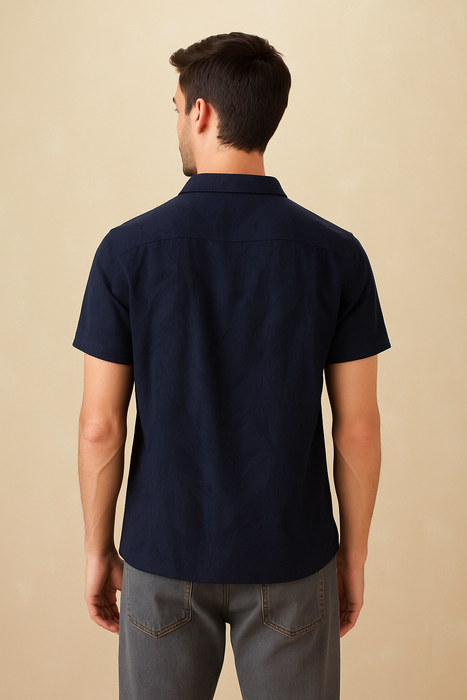 Men’s Textured Navy Cuban Collar Shirt