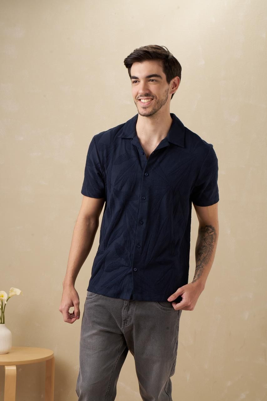 Men’s Textured Navy Cuban Collar Shirt