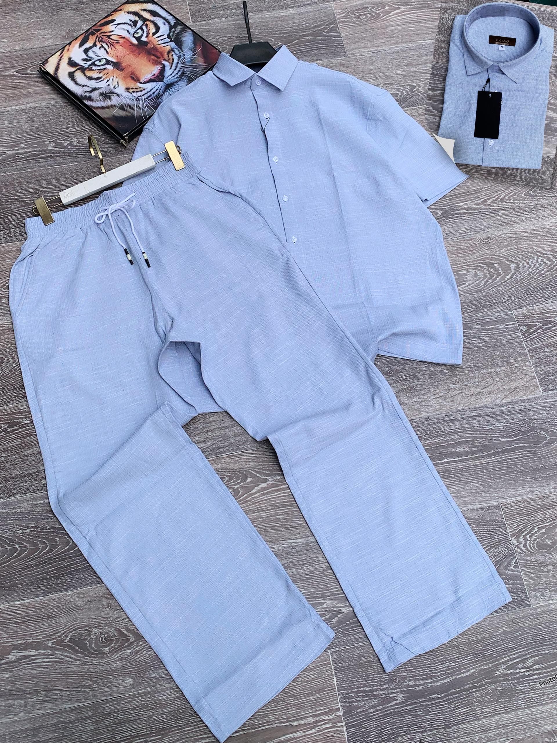 Light Blue Textured Shirt & Trouser Set