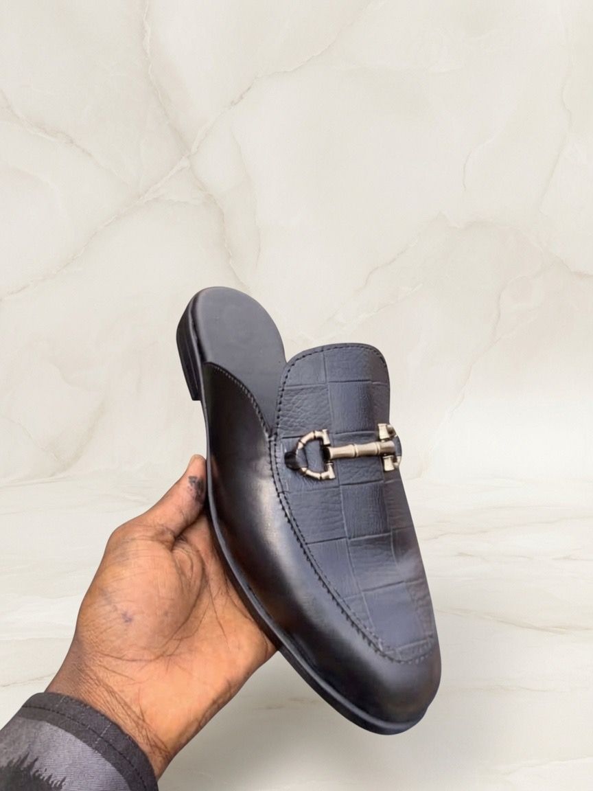 Black Croc-Embossed Mule with Horsebit Detail